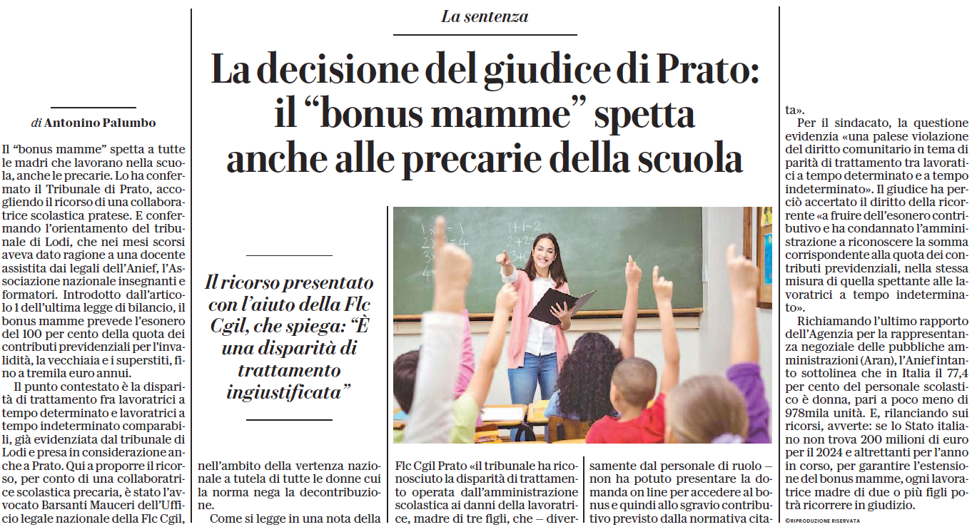 Anche le precarie della scuola hanno diritto al "bonus mamme": sentenza del tribunale di Prato