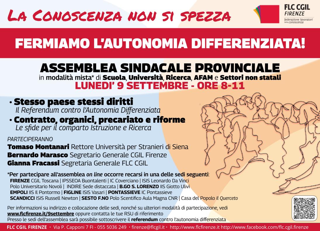 Lun. 9/11 h 8 | FERMIAMO L'AUTONOMIA DIFFERENZIATA Assemblea Sindacale Provinciale